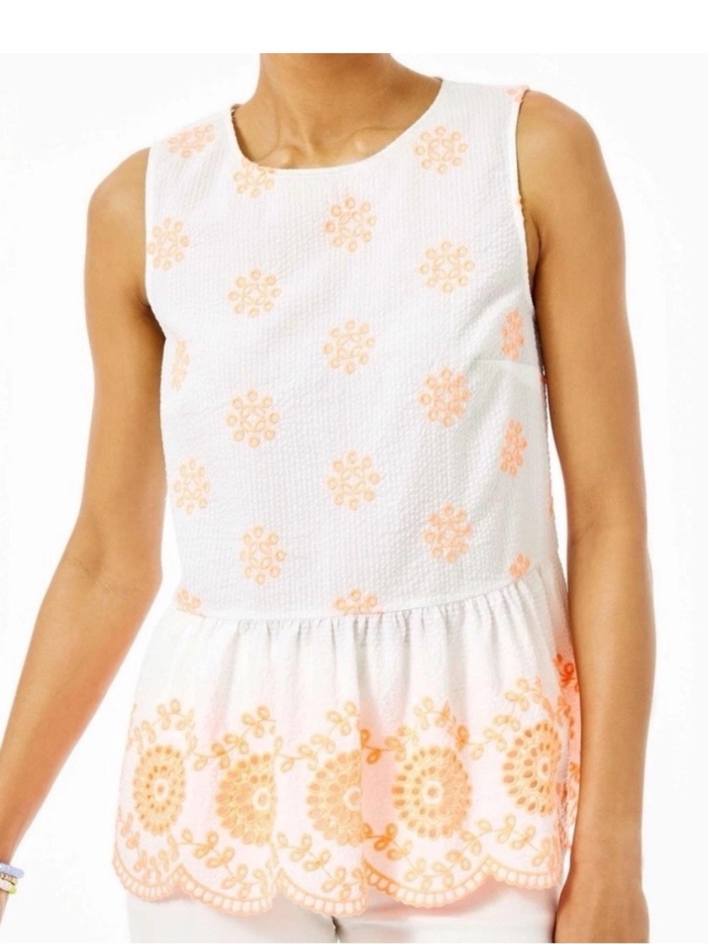 NWOT Lilly Pulitzer Lilliana Peplum Top Seersucker Sherbet Eyelet Embroidery M